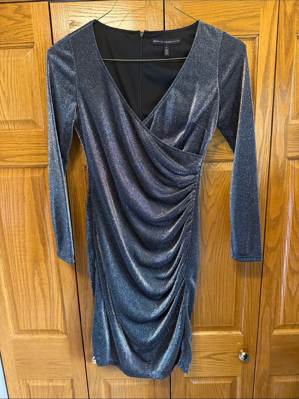 White House Black Market Metallic Black Ruched V-Neck Long Sleeve Dress